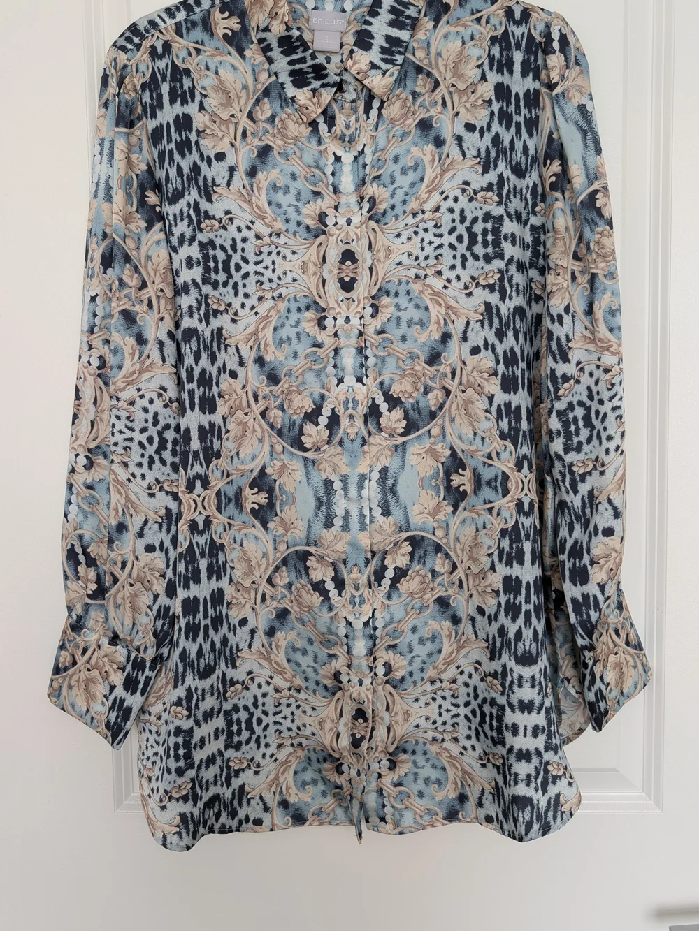 Chico's Blue and Beige Ornate-Print Button-Down Shirt
